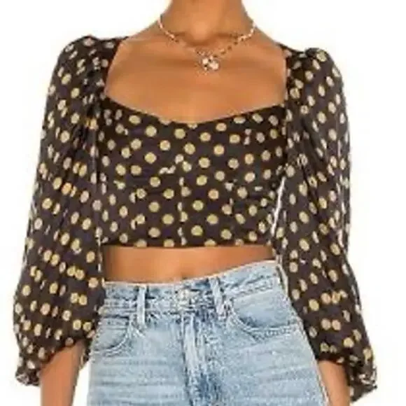 For Love & Lemons Lark Polka Dot Blouse Black Brown L NWT Sold Out - Picture 10 of 10